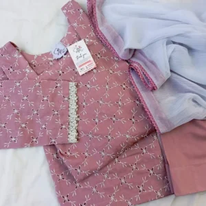 elegant pink chikankari 3 piece suit with chiffon dupatta – ready to wear women's dress