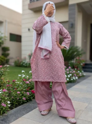 Chikankari Embroidered 3pc Suit with Farshi Shalwar