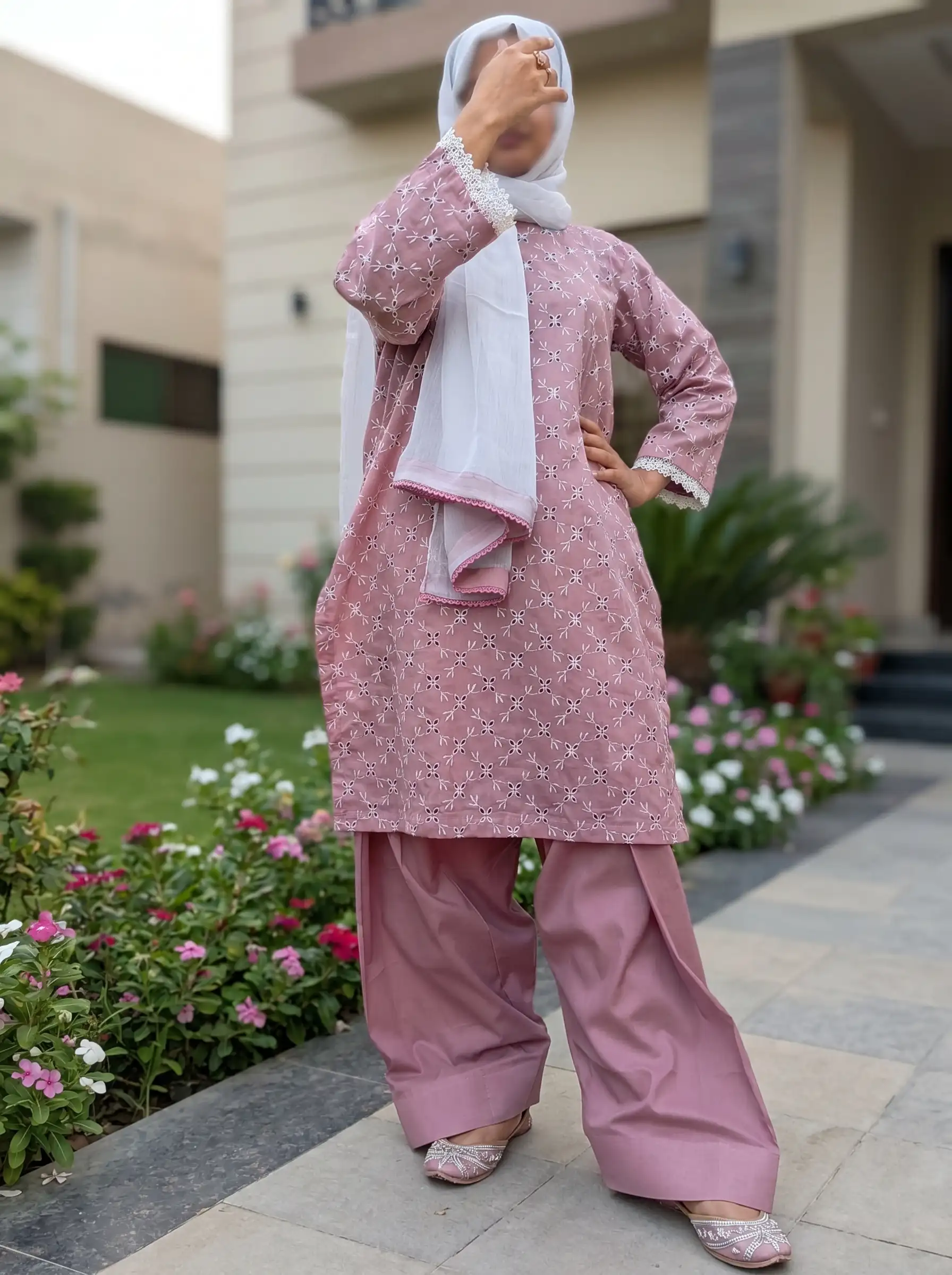 Chikankari Embroidered 3pc Suit with Farshi Shalwar