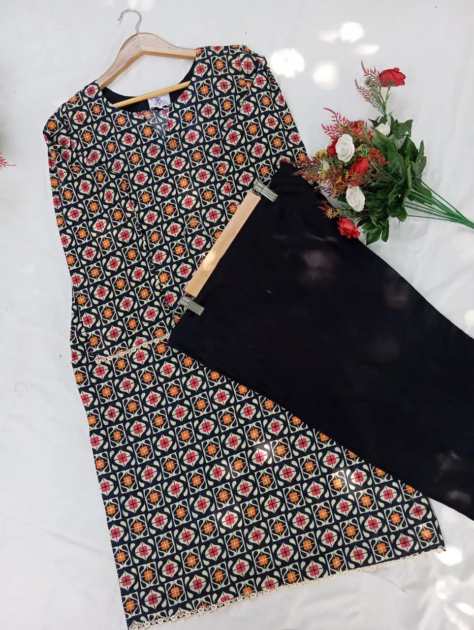 Black Floral Tile Print Lawn 2PC Ready to Wear Suit - Image 6