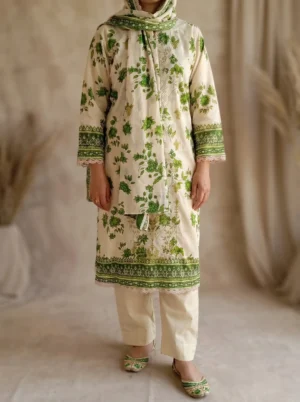 Floral Embroidered Lawn 3Pc Stitched Suit – Printed Dupatta
