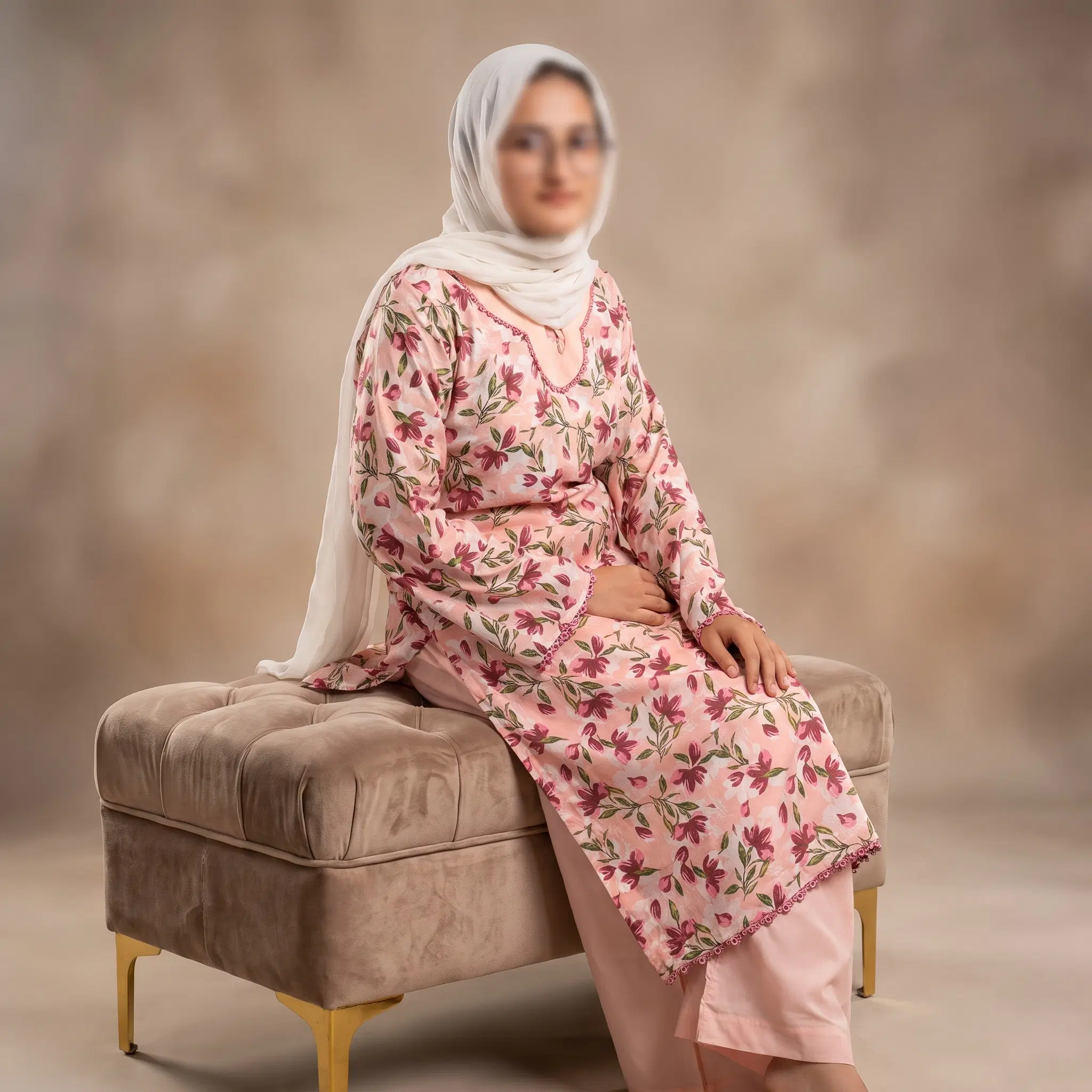Peach Floral Print Lawn 2PC Ready to Wear Suit - Image 3