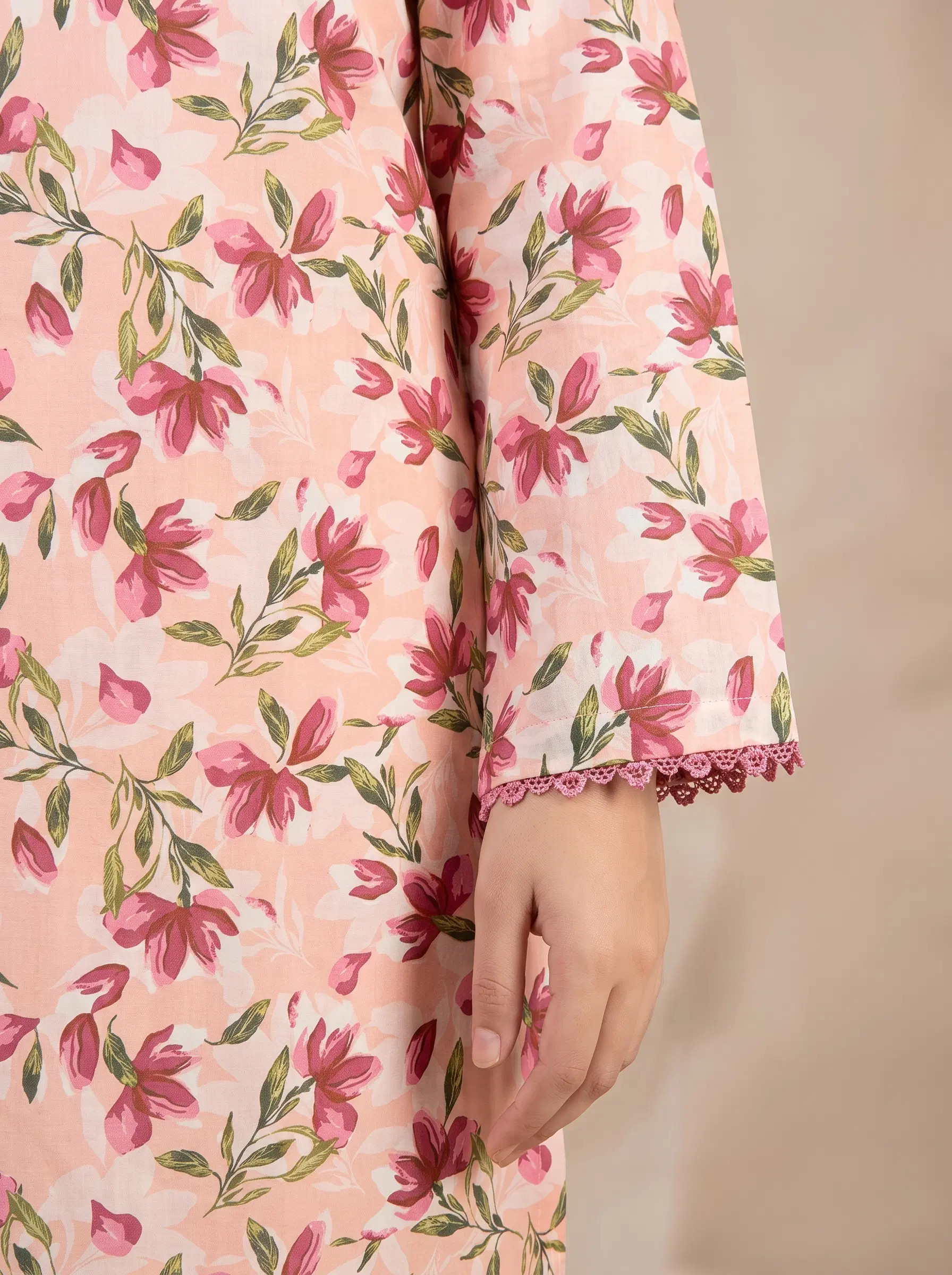 Peach Floral Print Lawn 2PC Ready to Wear Suit - Image 5
