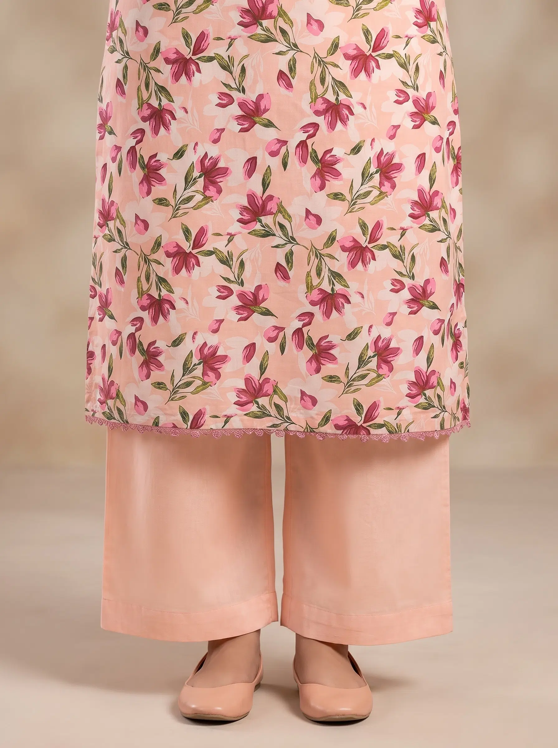 Peach Floral Print Lawn 2PC Ready to Wear Suit - Image 4