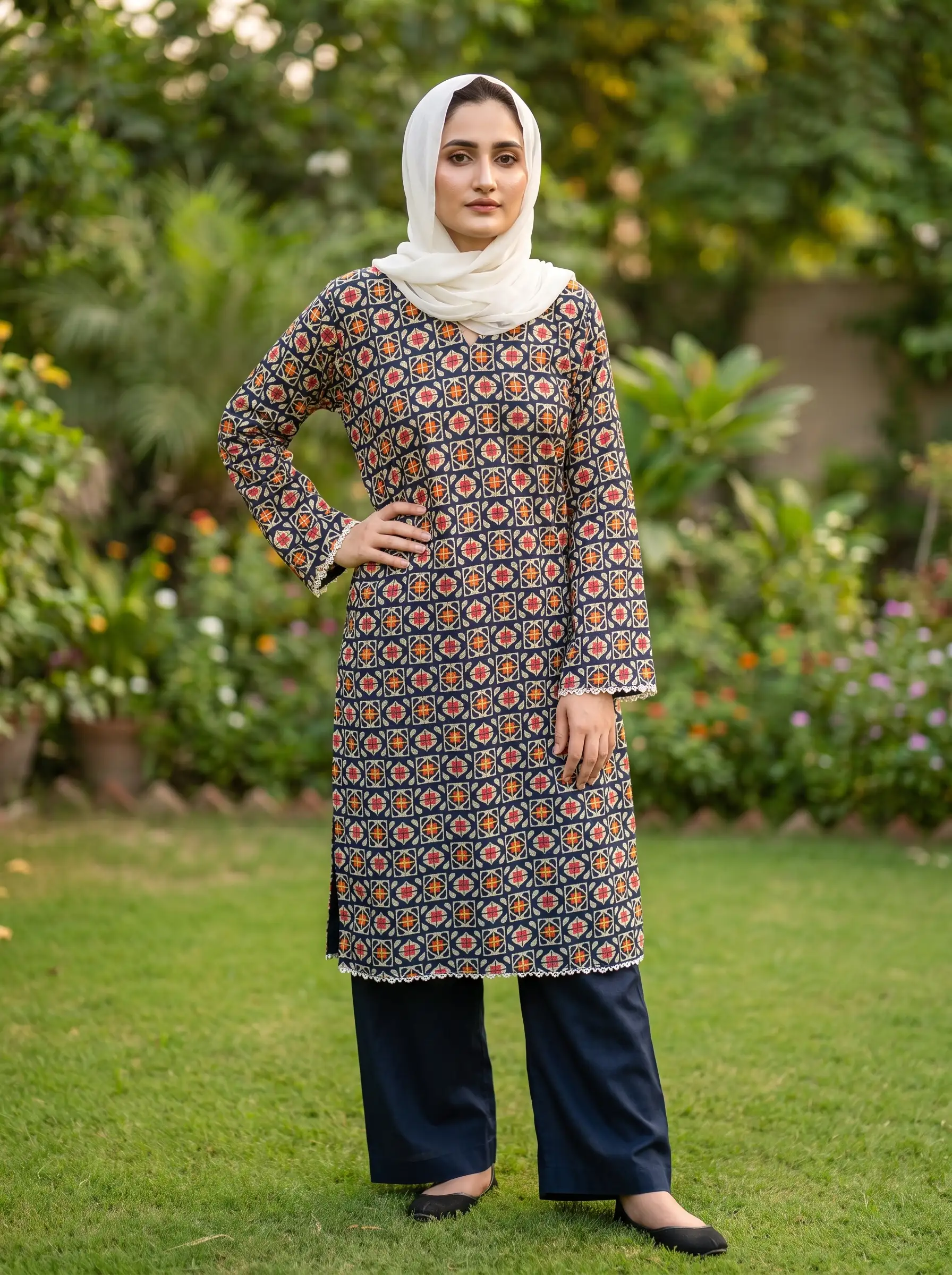 Black Floral Tile Print Lawn 2PC Ready to Wear Suit