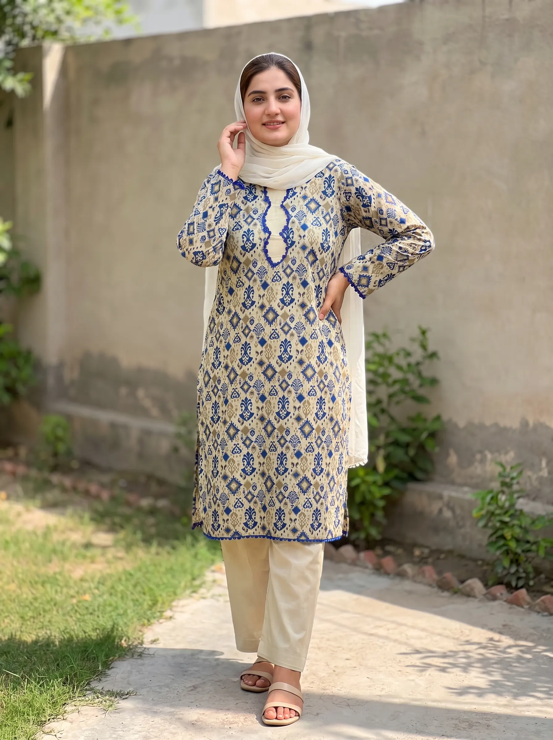Beige & Blue Printed 2 Piece Ready to Wear Dress for Women | Casual Summer Outfit Pakistan - Image 2