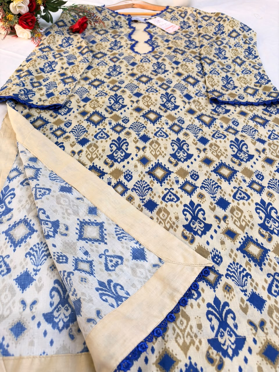 Beige & Blue Printed 2 Piece Ready to Wear Dress for Women | Casual Summer Outfit Pakistan - Image 9