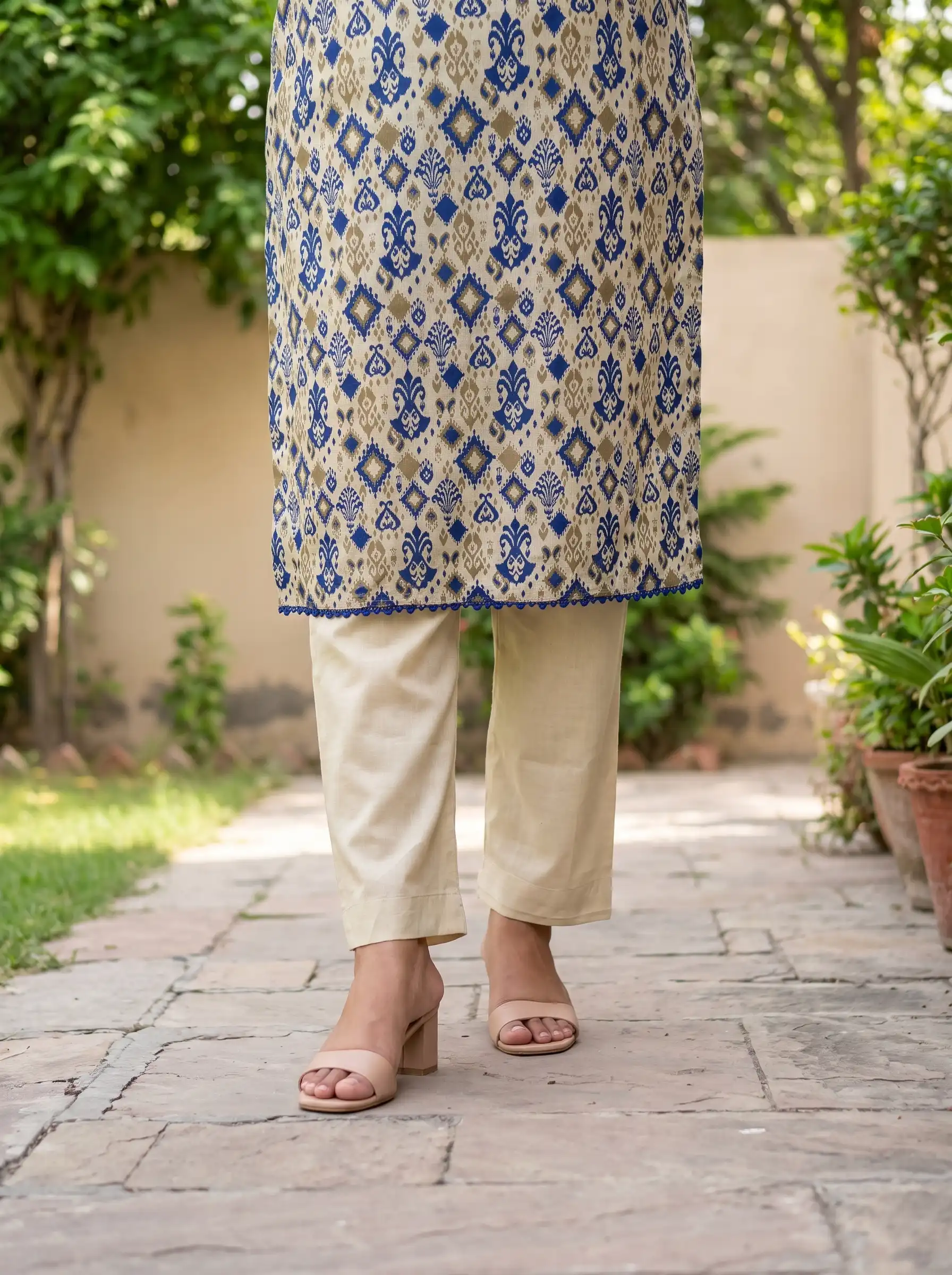 Beige & Blue Printed 2 Piece Ready to Wear Dress for Women | Casual Summer Outfit Pakistan - Image 3