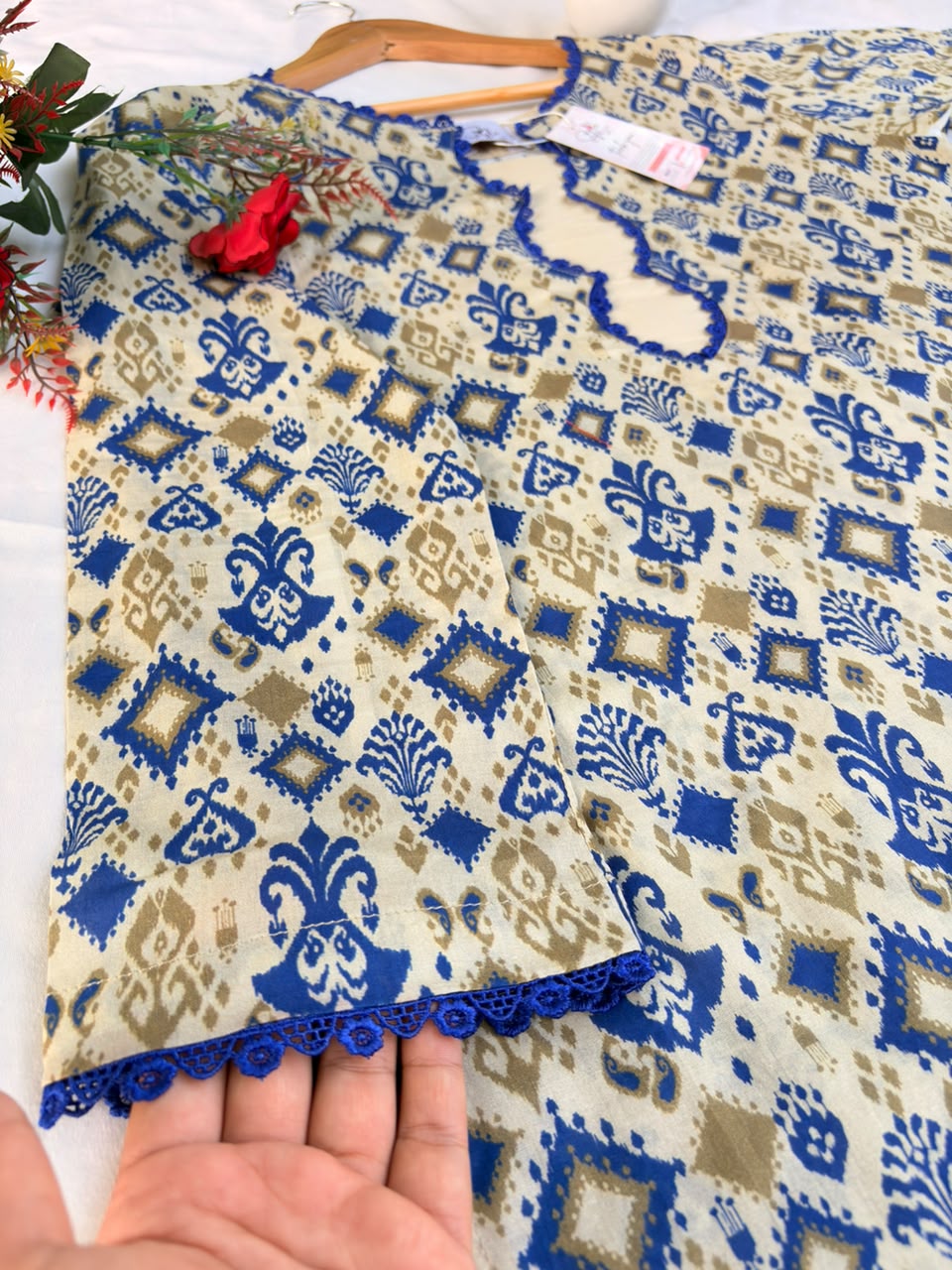Beige & Blue Printed 2 Piece Ready to Wear Dress for Women | Casual Summer Outfit Pakistan - Image 7