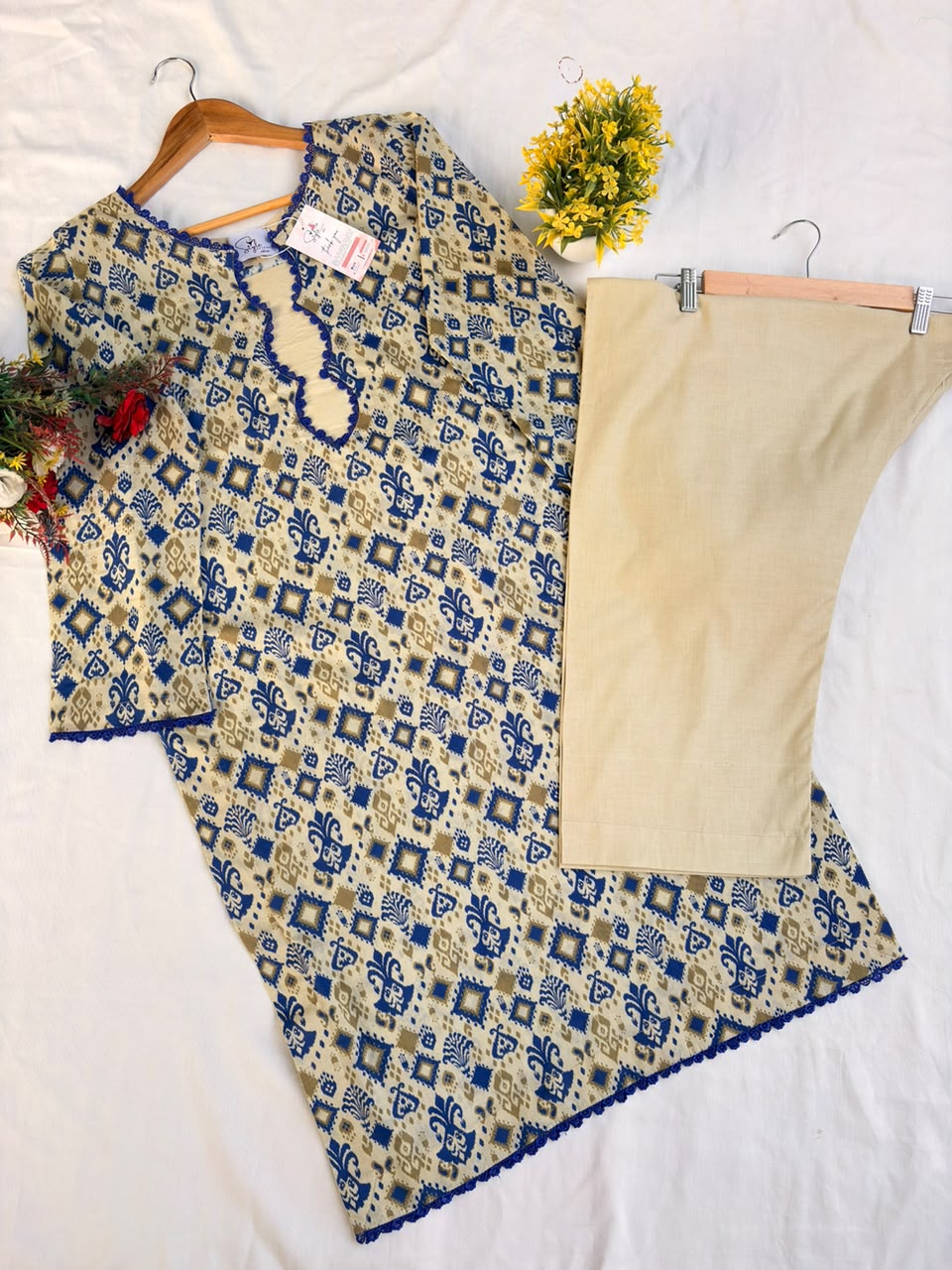 Beige & Blue Printed 2 Piece Ready to Wear Dress for Women | Casual Summer Outfit Pakistan - Image 6