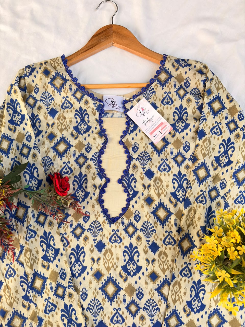 Beige & Blue Printed 2 Piece Ready to Wear Dress for Women | Casual Summer Outfit Pakistan - Image 5