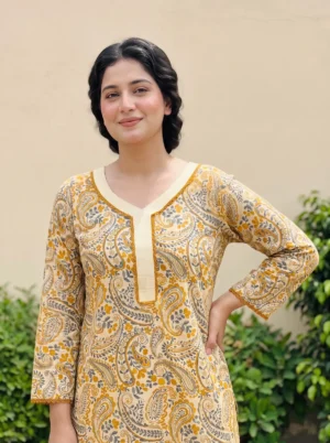 Women's 2 Piece Ready to Wear Printed Lawn Suit – Cream Mustard Casual Summer Dress